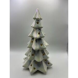 Ceramic Porcelain Christmas Tree With Lights Iridescent All White Snow 11" Read